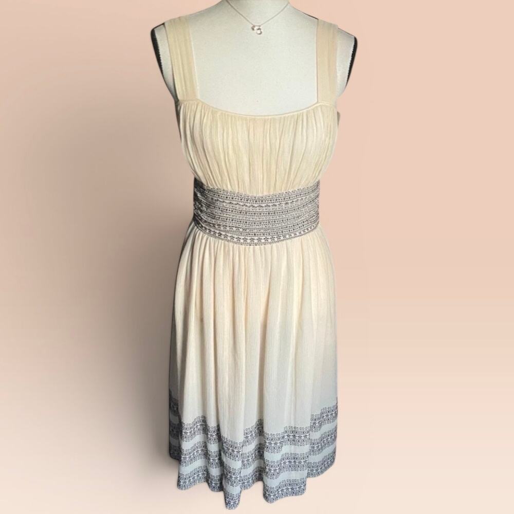 Sigrid Olsen Chiffon Silk Womens Dress 2 XS 0 Cream Brown Roman Holiday Sundress - Picture 2 of 14